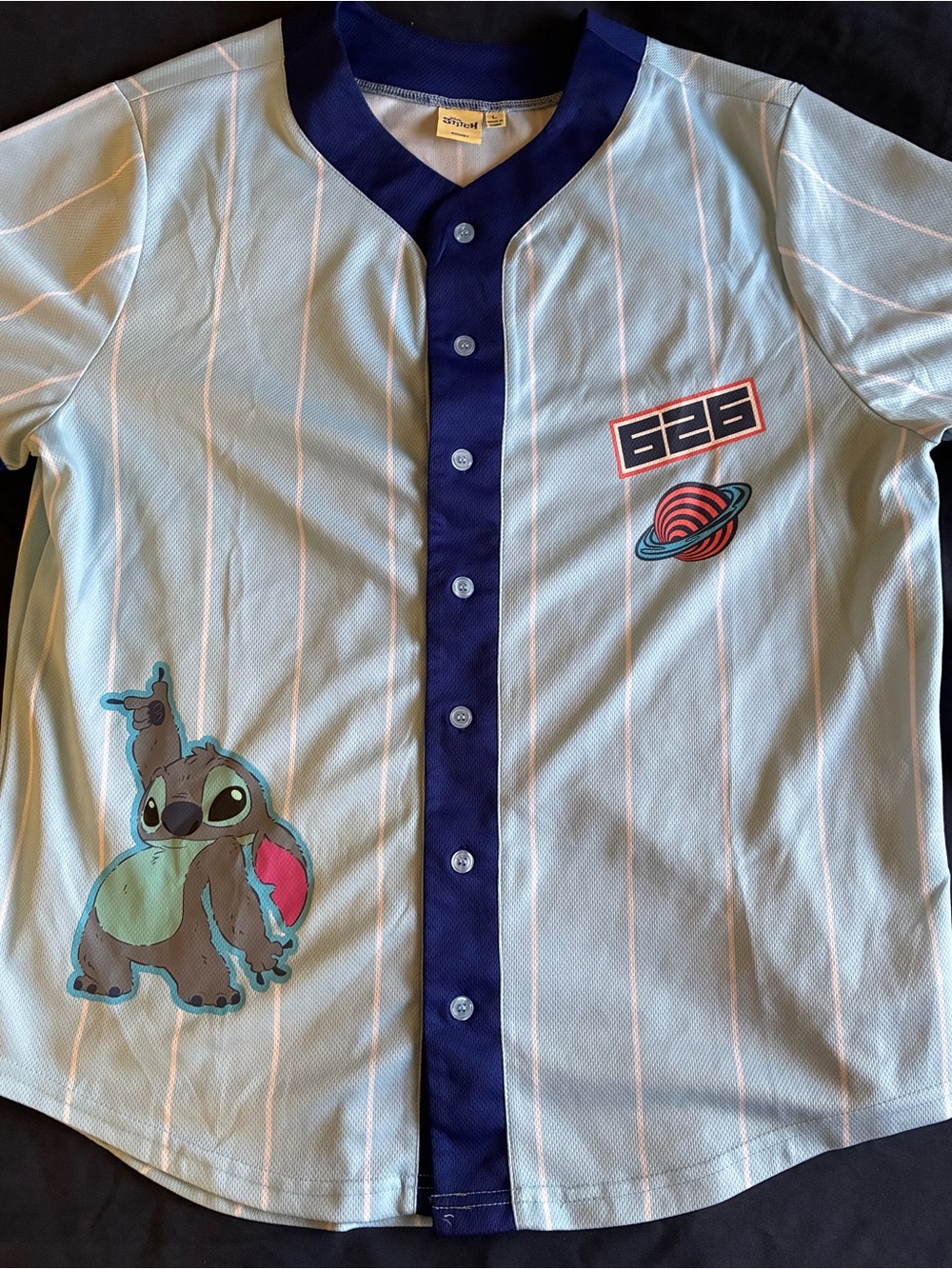 Disney Light Blue Pinstripe Baseball Jersey with Navy Trim and Stitch Patch
